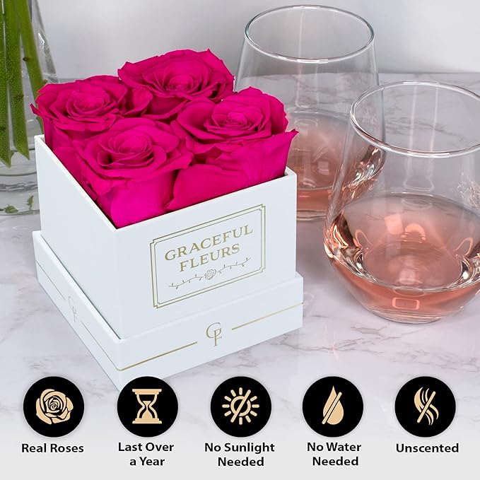 Graceful Fleurs | Real Long Lasting Roses for Years | Preserved Fresh Flowers for Delivery Birthday | Birthday Gifts for Women | Forever Roses in a Box (Radiant Pink, White Box, 4 Roses)