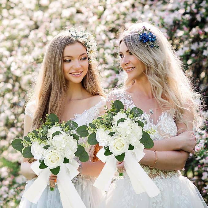 Set of 2 Bridesmaid Bouquets for Wedding - Silk Artificial Ivory Bridesmaid Flowers, Pre-Made Roses Sage Green Boho Bridal Floral for Bride Party Ceremony Anniversary Decoration - 9inch
