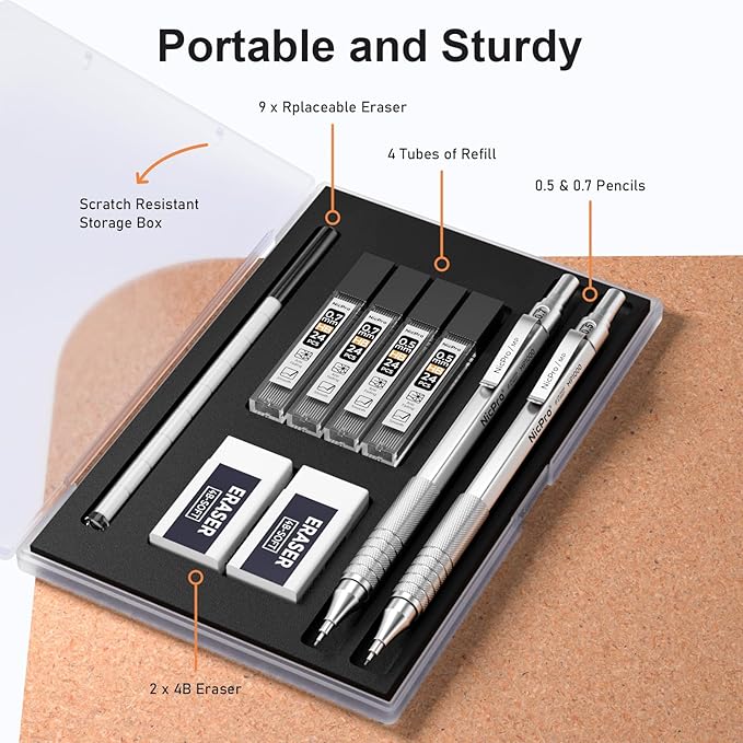 Nicpro 2 PCS Mechanical Pencil 0.5mm & 0.7 mm with Case, MP1000 Metal Artist Pencil Set with 4 Tubes HB Lead Refills, 2 Erasers, 9 Eraser Refills For Art Writing Drafting, Drawing, Sketch, Silver