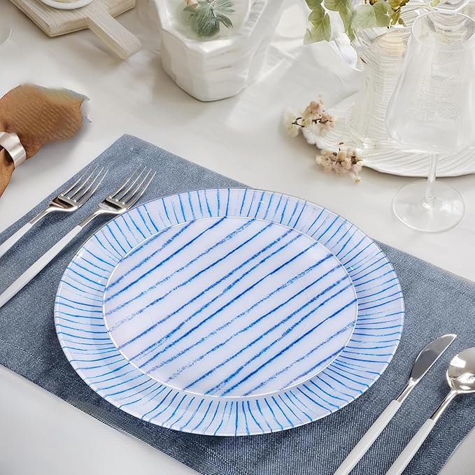 U-QE 20Pcs Blue Plastic Plates - Blue Stripes Hanukkah Plates Disposable Heavy Duty, Fancy Stripes Pattern Perfect for Hanukkah, Weddings, Tea Parties, Holidays - 10.25" Dinner & 7.5" Dessert Plate