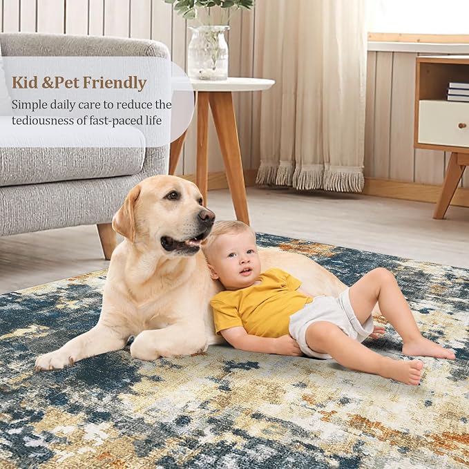 Washable 5x7 Area Rugs for Living Room Low Pile Small Carpet Soft Bedroom Rug Modern Abstract Carpet Non Shedding Thin Colorful Carpets Contemporary Floor Mats for Kitchen Nursery, Blue Yellow