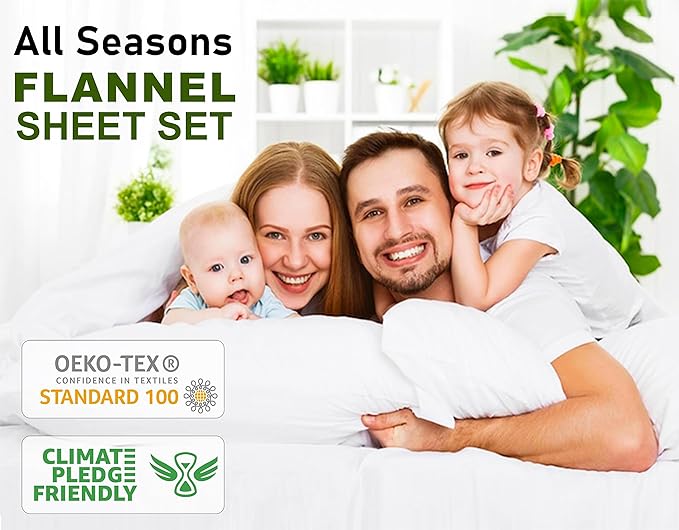 RUVANTI Flannel Sheets Queen Size - 100% Cotton Double Brushed Bed Sheets, Deep Pockets 16 Inches Queen Sheet Set, All Seasons Breathable & Extra Soft - Warm & Cozy, 4 Piece, Navlight