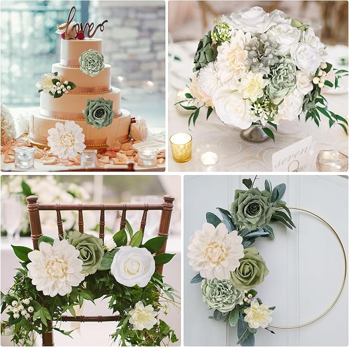 Artificial Flowers Combo Box Set Fake Flowers Dahlia White Roses Green Leaf with Stems for DIY Wedding Bouquets Baby Shower Party Home Decoration