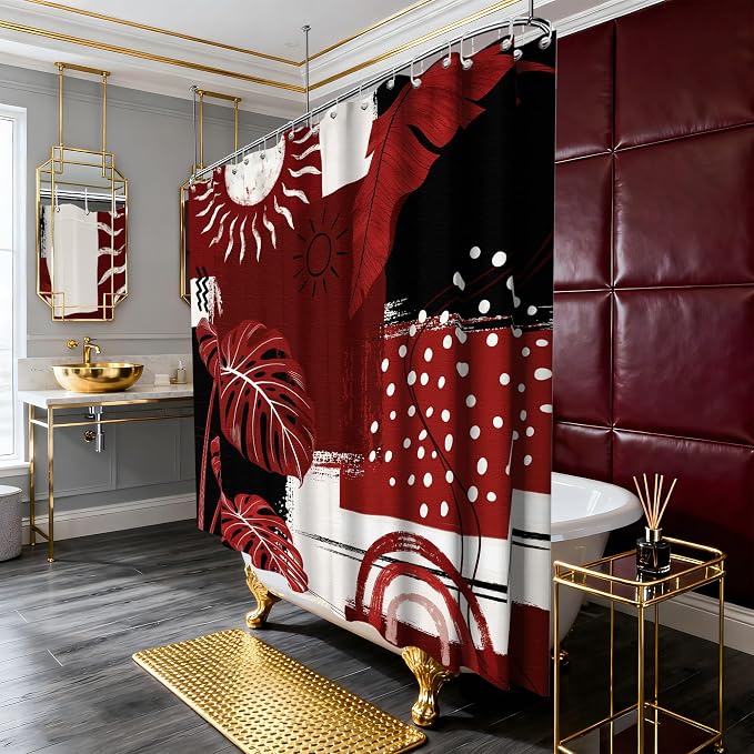Extra Long Shower Curtain Extra Tall Black and Red XL Burgundy Tropical Leaf Shower Curtains for Large Bathroom Decor Sets, Waterproof Cloth Fabric with Hooks, 108x72 Inch