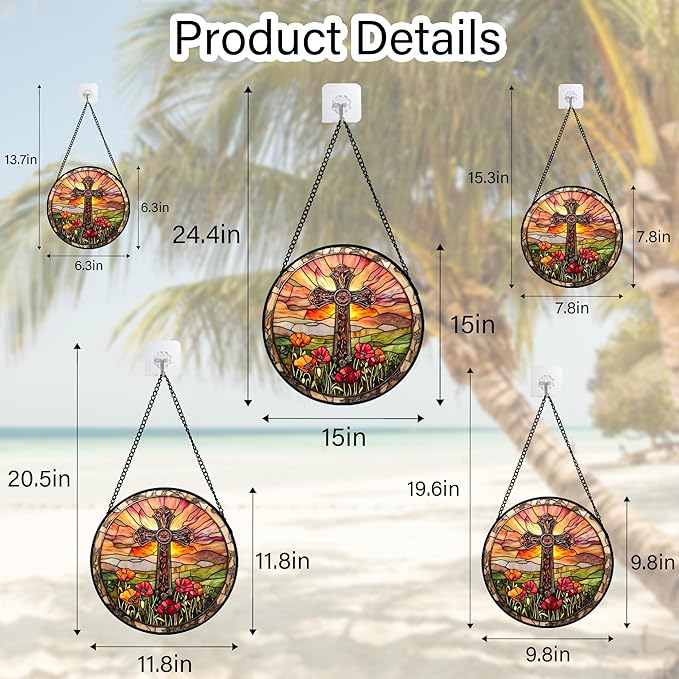 Christian Gifts for Women - Cross Stained Glass Window Hanging Jesus Easter Poppy Sunset Landscape Sun Catcher Garden Religion Decor Mother's Day Catholic Gift for Men Grandma Mom Her 11.8"
