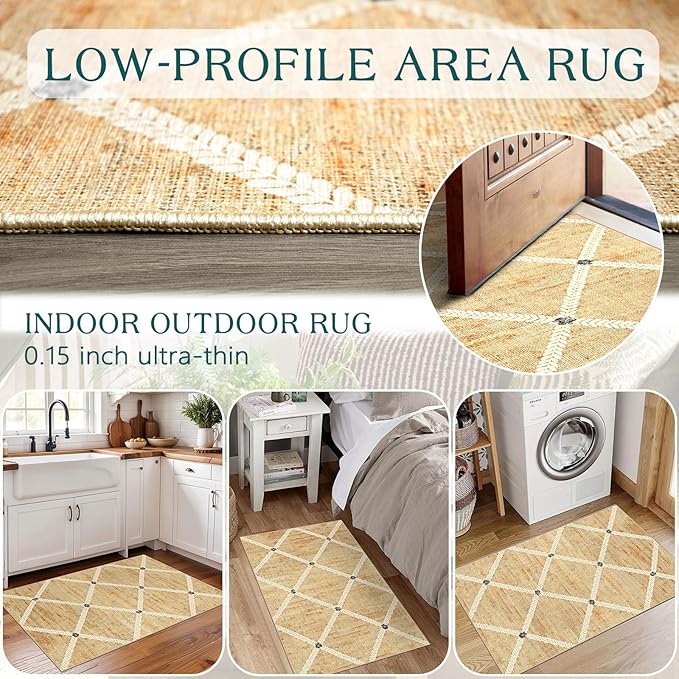 Front Door Mat Indoor - 2x3 Non-Slip Front Door Rug Washable Doormat Indoor Outdoor Entrance Woven-Look Beige Farmhouse Geometric Small Throw Rugs for Entryway Bedroom Kitchen Laundry Room