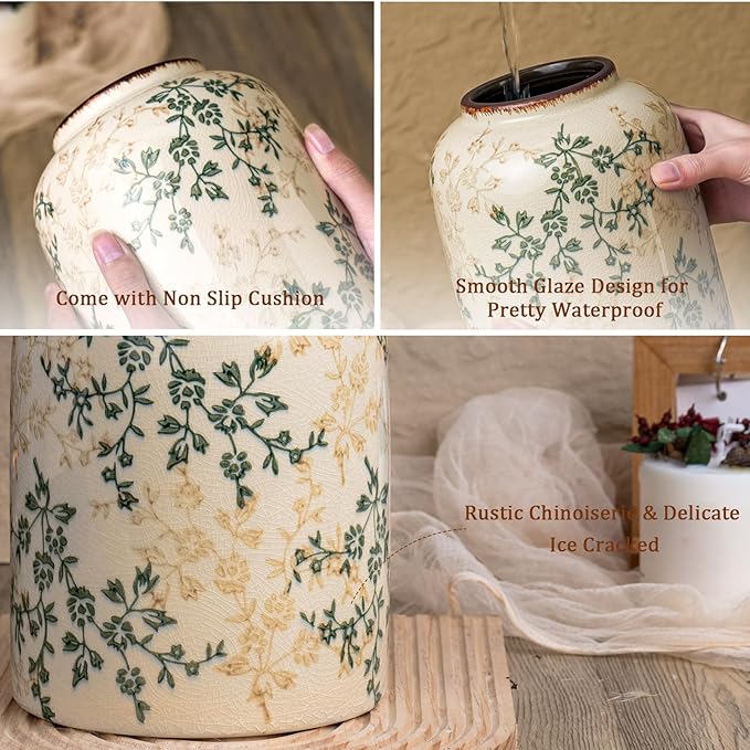 Fitous Green Chinoiserie Floral Vase, Ceramic Farmhouse Flower Vase, Creative Ice Cracked Vintage Vases for Home Decors, Cottage, Dining Coffee Table Centerpiece, Bookshelf, Tuscan Decor,8.3 Inch