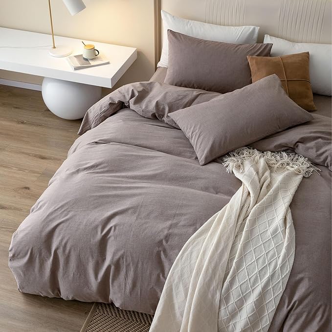 JIYUAN 100% Washed Cotton Duvet Cover Set 2 Pieces Twin, 1 Duvet Cover 68x90 Inches(Comforter Not Included) and 1 Pillowcases,Linen Feel Bedding Set Comfy and Breathable, Heathered Mauve Brown