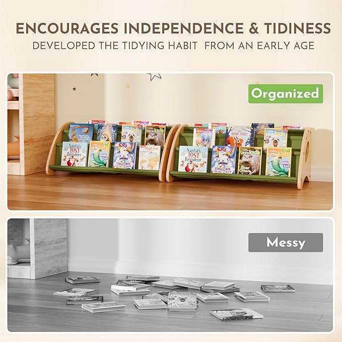 Toddler Bookshelf,4-Tier Book Rack Organizer with Fabric Storage Pockets, Wooden Bookshelves with Open Forward Display, Montessori Book Shelf for Nursery/Playroom, Natural/Green