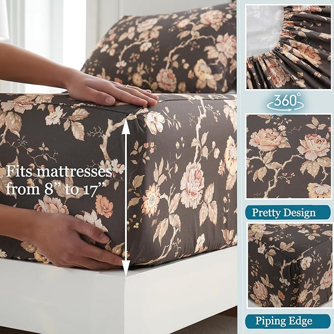 Zusbest Dark Brown Floral Bed Sheets Set - Full Size Percale Cotton Shabby Rustic Peony Flower Print Bed Sheets - Soft Breathable Mocha Classic Vintage Bedding 4 Pcs Deep Pocket Flower Bed Sheets