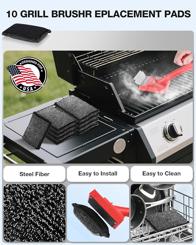 Grill Brush Bristle Free, Safe Non Metal Wire with Scraper 10 Replacement Heads, Steam Grilling Grate Cleaning Tool, BBQ Cleaner Accessory Kit Set, Outdoor Cast Iron Barbecue/Barbeque Scrubber