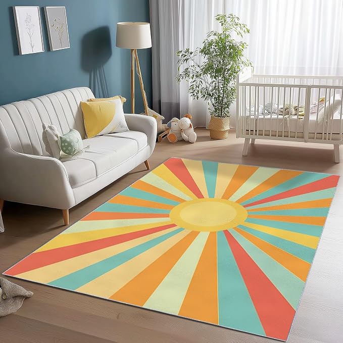 3x4 Washable Area Rug, Colorful Retro Sunburst Stripes Design Non Slip Non-Shedding Rug Easy Care for Living Room Bedroom Kitchen Office Carpet