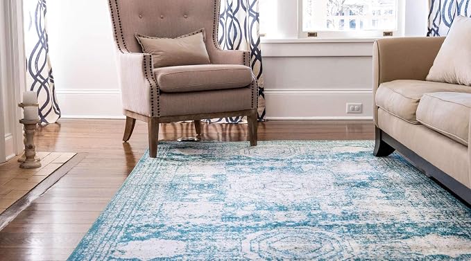 Unique Loom Bromley Collection Area Rug - Wells (7' 1" x 10' Rectangle, Turquoise/ Ivory)