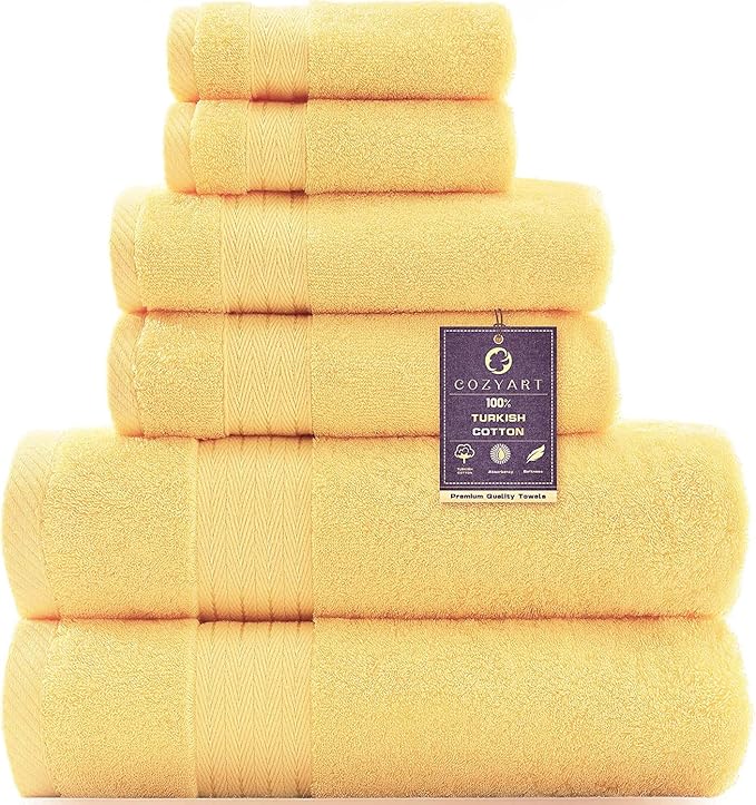 COZYART Yellow Luxury Bath Towel Set, Turkish Cotton Hotel Towel Bulk for Bathroom, Thick Bathroom Set of 6 Pcs with 2 Large Bath Towels, 2 Hand Towels, 2 Washcloths, 650 GSM.