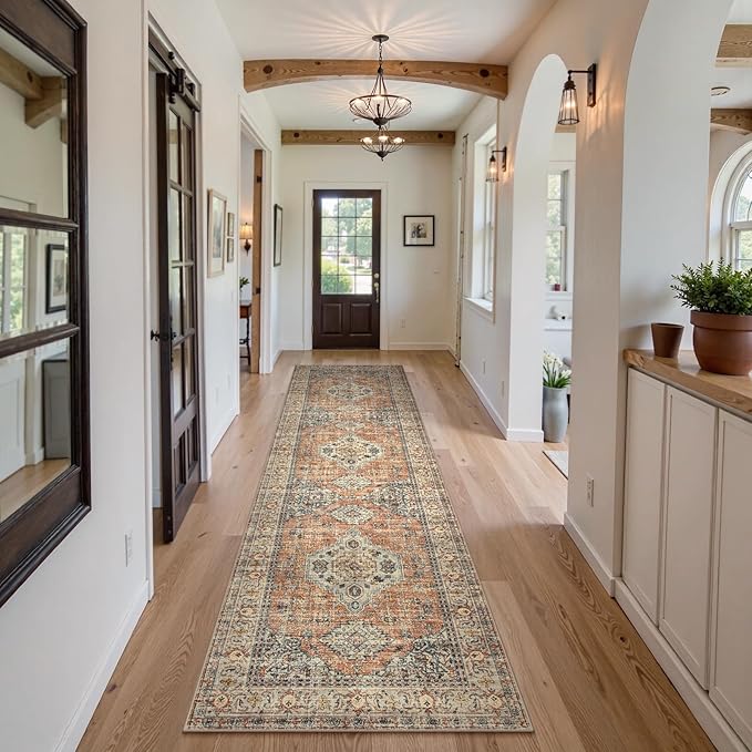 Lahome Oriental Kitchen Runners for Hallways, 2.5x10 Washable Runner Rug Non Slip, Soft Hallway Rug Distressed Ultra-Thin Long Carpet for Bathroom Entryway ‎Bedroom, Peach/Orange