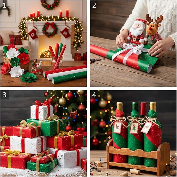 Qilery 500 Sheets Christmas Glitter Red Green White Tissue Paper Bulk 15 x 20 Inch Wrapping Paper for Gift Bags Acid Free Tissue for Christmas Craft Supplies, Bouquets, Garlands, Forming Pompoms
