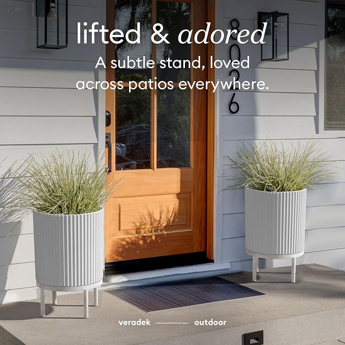 Veradek Demi Series Round Planter w/Stand for Porch/Patio | Durable Plastic-Stone Composite & Wooden Stand | Modern Décor for Tall Plants, Flowers
