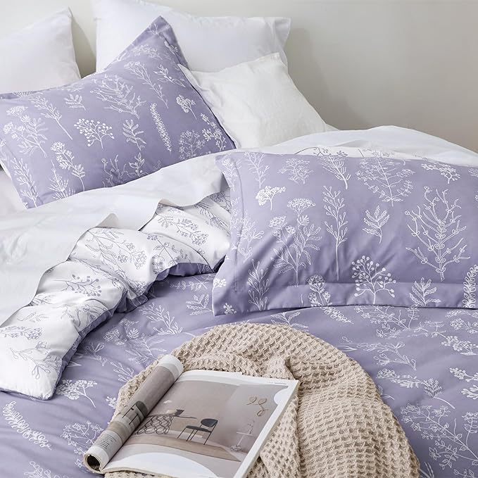 Bedsure Duvet Cover Queen Size - Reversible Lilac Purple Queen Duvet Cover Set with Zipper Closure, 3 Pieces Cute Floral Patterned Bedding Set with 8 Corner Ties and 2 Pillow Shams