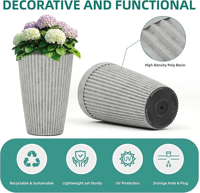 20" Vintage Resin Planters for Outdoor Plants, Gray Flower Pots with Handmade Fluted Texture, Weatherproof for Year-Round Indoor/Outdoor Use
