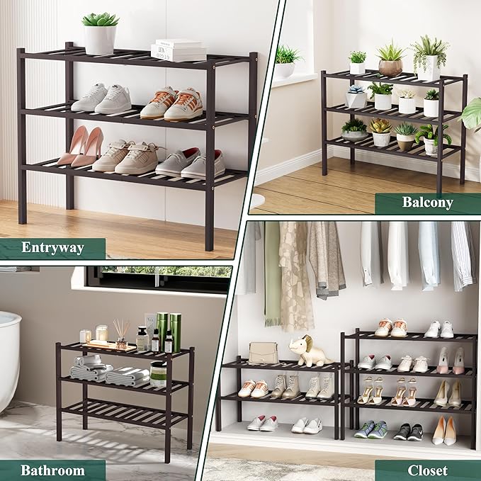 Smiry Shoe Rack, 2 Tier Long Bamboo Shoe Organizer, Stackable Free Standing Wooden Shoe Storage Shelf for Closet, Entryway, Front Door Entrance, Brown