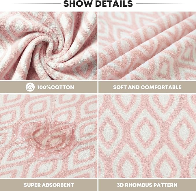 Artoid Mode 2 Pcs Beige Pink Diamond Grid Jacquard Hand Towels for Bathroom, 100% Cotton Soft Absorbent Bathroom Decor Towels, 13.7 x 29.5 Inch