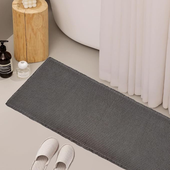 ZALL Dark Grey Waffle Bath Mat,Super Absorbent Non Slip Bathroom Rug, Gray 24x72inch, Machine Washable Ultra Soft Floor Mats
