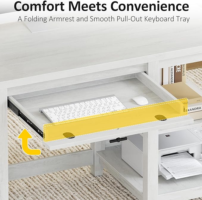 58" Executive Desk with Foldable Keyboard Tray and Charging Station, Farmhouse Wood Home Office Desk with Drawers and Magazine Rack, Large Writing Computer Desk for Home Office and Study, White