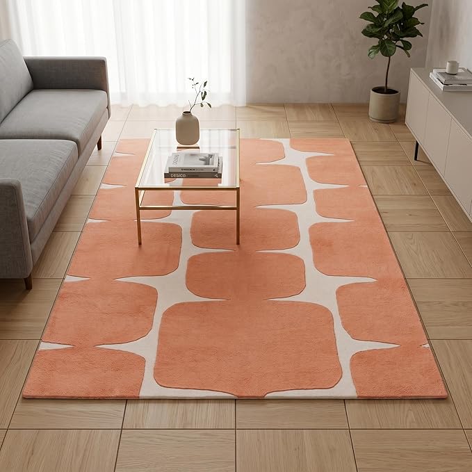 Restoration and Renovation Modern Wool Area Rug - Contemporary Abstract Geometric Design, Thick & Soft Hand-Tufted Carpet - Ideal for Indoor Decor in Living Room, Bedroom (Peach, 3' x 5')