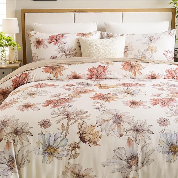 100% Cotton Duvet Cover Queen Size – Cream Hand-Drawn Watercolor Blooms Duvet Cover Set with Zipper Closure & Corner Ties, 3-Piece Luxury & Silky Soft Bedding Set for All Seasons