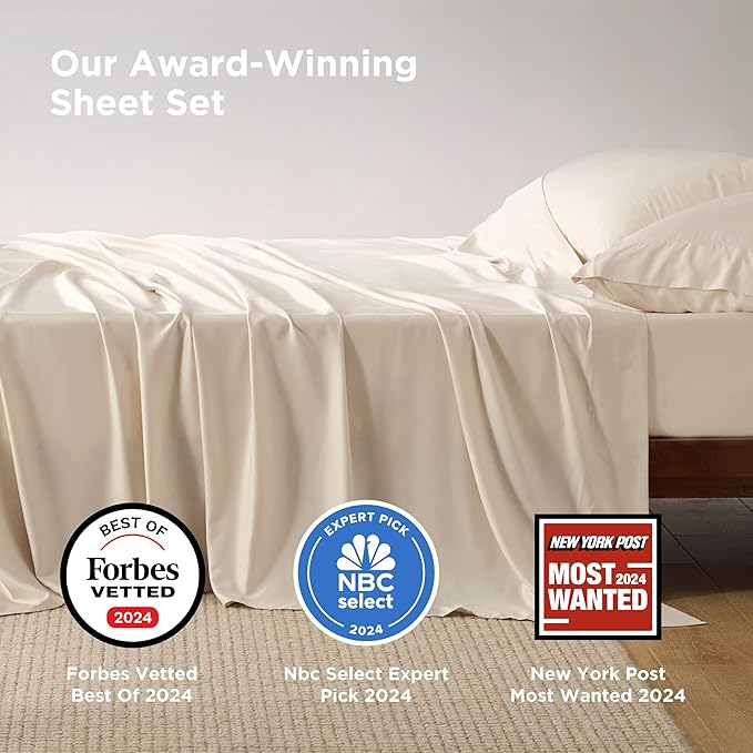 Bedsure Full Size Bed Sheets, Cooling Sheets, Rayon Derived from Bamboo, Breathable & Soft, Deep Pocket Up to 16 Inches, Hotel Luxury Silky Bedding for Hot Sleepers, Light Beige