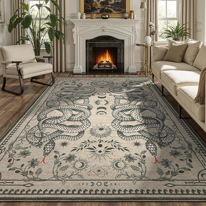 DCX Washable 5x7 Snake Rug, Beige Gothic Rug for Living Room, Soft Low Pile Carpet, Kid & Pet Friendly with Rubber Back Non Slip, Stain Resistant Rug for Bedroom Dining Room Office