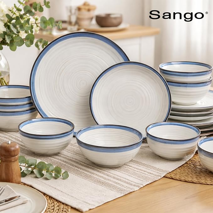 Sango Siterra Santorini 16-Piece Stoneware Dinnerware Set for 4, Ceramic White Plates and Bowls Sets with Blue Rim & Reactive Glaze, Chip Resistant Dish Set, Microwave & Dishwasher Safe Kitchen Dishes