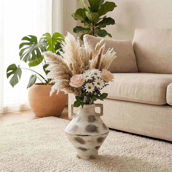 Ceramic Flower Vase, 11 inch Large Rustic Decorative Vases for Centerpieces, Farmhouse Vintage Vase for Home Decor, Dining Table, Living Room,Kitchen, Shelf (White&Brown)