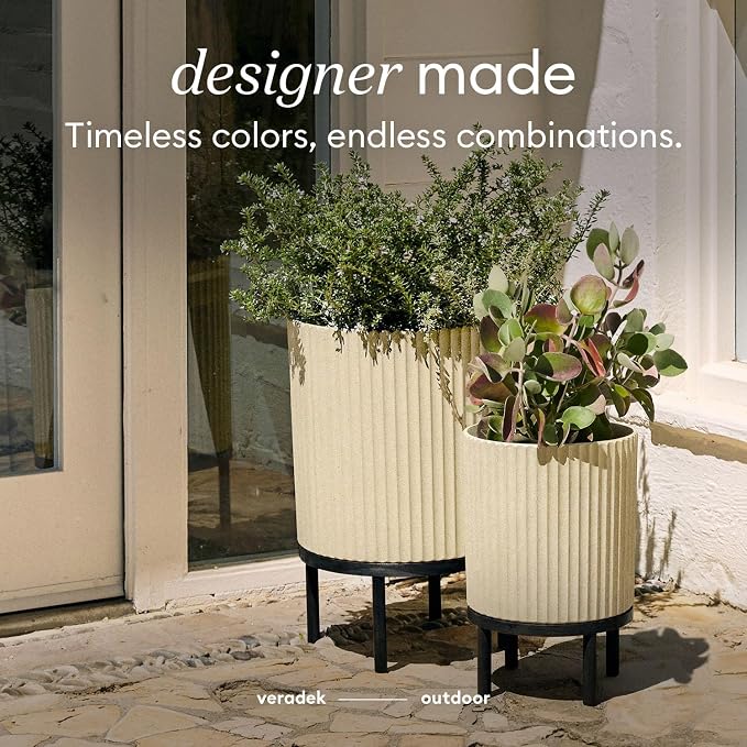 Veradek Demi Series Round Planter w/ Stand for Porch/Patio | Durable Plastic-Concrete & Wooden Stand | Modern Décor for Tall Plants, Flowers