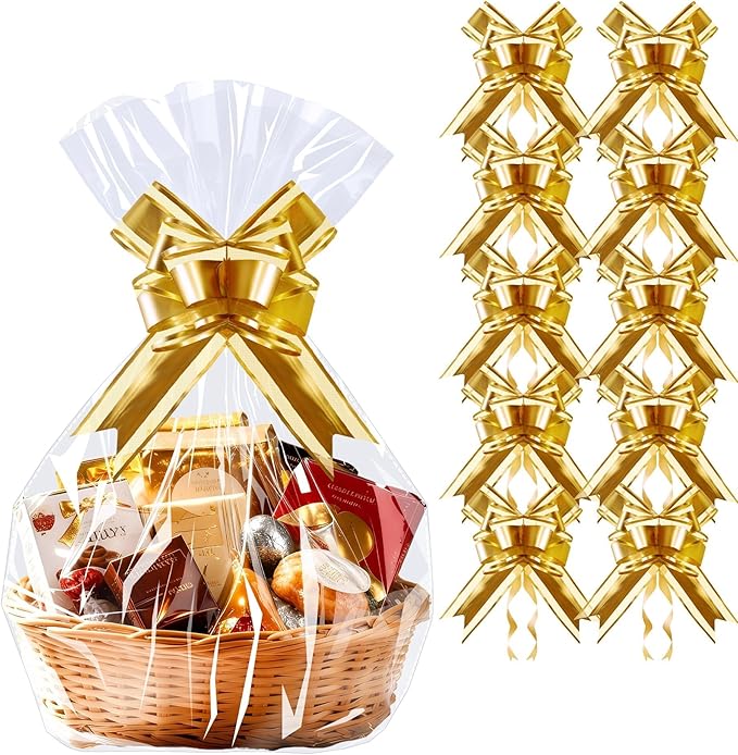 PigPotParty 16"x24" Clear Cellophane Gift Bags - Includes Bows – 10 Pack Cellophane Wrap for Gift Baskets, Plastic Gifts Bags for Gift Giving