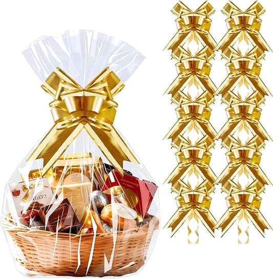 PigPotParty 16"x24" Clear Cellophane Gift Bags - Includes Bows – 10 Pack Cellophane Wrap for Gift Baskets, Plastic Gifts Bags for Gift Giving