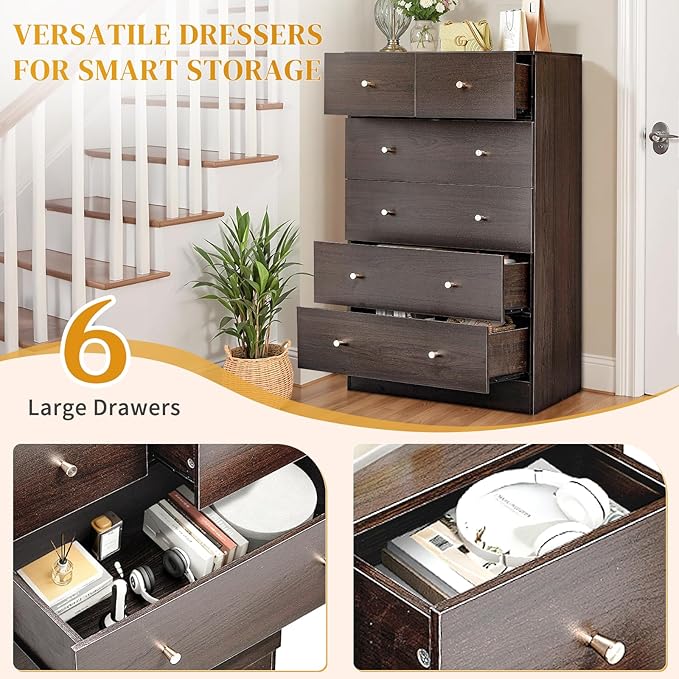 Karl home Brown 6 Drawer Dresser for Bedroom, Modern Wood Dresser Chest of Drawers, Bedroom Modern Nightstand, Anti-Tipping Device, Rose Gold Metal Handle, Living Room, Hallway, Office