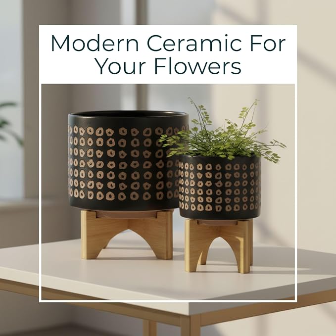 Set of 2 Ceramic Planters with Bamboo Stand Plant – Plant Stand Indoor Display Greenery, Living Room & Outdoor Decor – Aztec Pattern Planters for Collected Home Decor – 10.5" & 7.75"– Brown Black