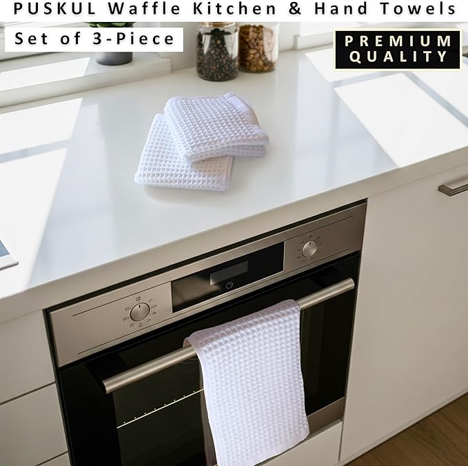PÜSKÜL Natural 100% Turkish Cotton Waffle Kitchen Towels Set of 3 | Oeko-Tex, Premium Waffle Hand Towels for Bathroom | Soft Absorbent Quick-Dry Lint-Free Dish Towel Large 32x16 inch (3, White)