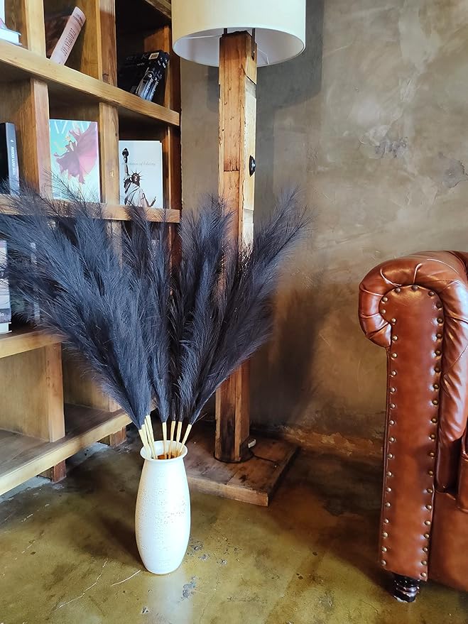 Premium Faux Pampas Grass Decor Tall & Fluffy, No Assembly Needed Long Pampas, Luxury Large Floral, Elegant Feather Flowers for Wedding Decorations (Faux Black, 8pcs 43.3"(110cm))