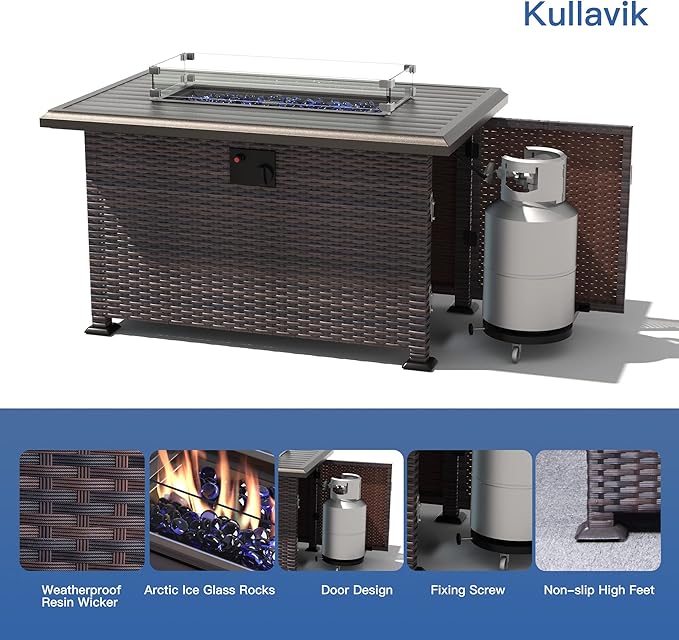 Kullavik 43" Propane Fire Pit Table,55000 BTU Auto-Ignitiongas Gas Fire Table with Fire Glass and Lid,Waterproof Cover and Blue Glass Stone for Patio,Balcony,Garden