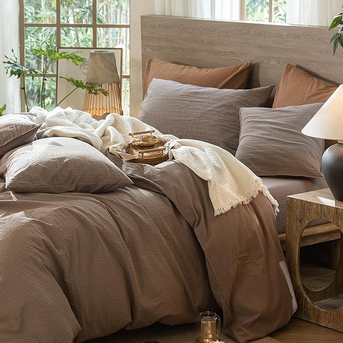 MooMee Wavy Striped Duvet Cover Set 100% Washed Cotton Linen Like Textured Breathable Durable Soft Comfy (Brown, Oversized Queen 98"x98")