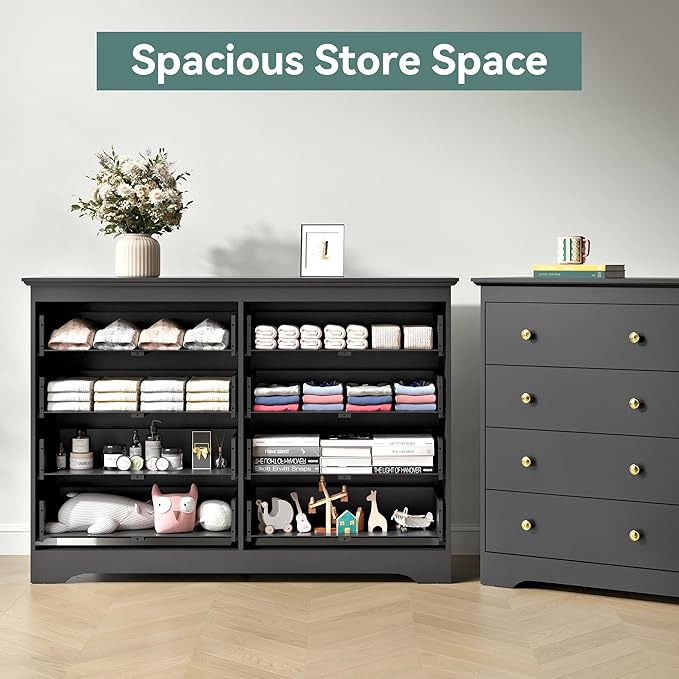 Black Dresser for Bedroom，55" Wide 8 Drawers Dressers,Modern Wooden Chest for Living Room, Hallway