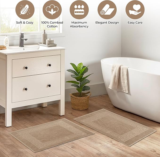 Superior Heavyweight Cotton Bath Mats, Bath Rugs For Bathroom Accessories, Washable Rug For Shower, Bath, Toilet, Modern Decor, No Backing, Luxury Hotel And Spa Quality, Set of 2, 22" x 35", Taupe