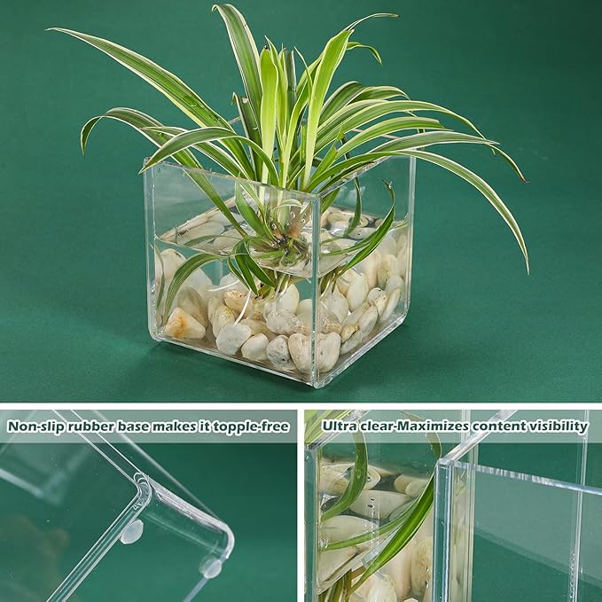 Kamehame Clear Vase 2 Pcs Acrylic Vase, 4''x4''x4'' Succulent Pots Planters, Square Cube Vases for Centerpieces, Flower Vase for Home Office Wedding Floral Decor, KA22001