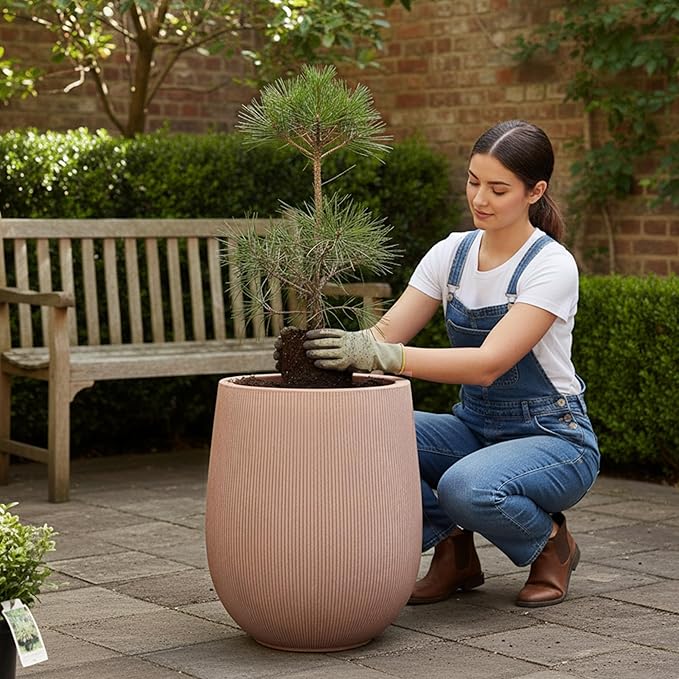 18.7" H Round Planter — Lightweight Magnesium Oxide Cement, Striped Textured Finish, Large Planter with Drainage Hole for Indoor & Outdoor