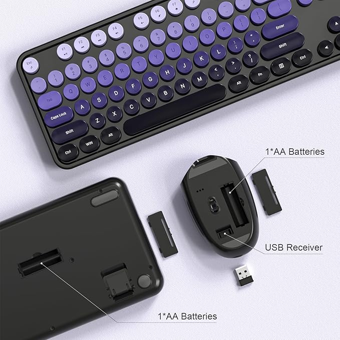 Wireless Keyboard and Mouse Combo, MOWUX Colorful Computer Full Size 2.4G Plug and Play Wireless Typewriter Keyboard and Mouse Set for Computer, Desktop, PC (Black& Purple Gradient)