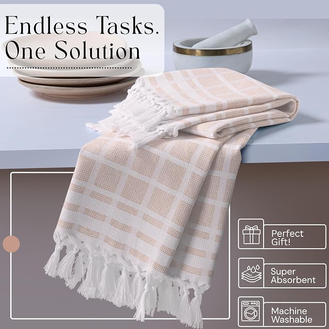 Matrix Dobby Kitchen Towels 4 Pack 100% Cotton, 16"x26", Handmade Knotted Tassel Dish Towels, Reusable & Washable Cloths for Drying, Absorbent Tea Towel for Cleaning - Beige, White