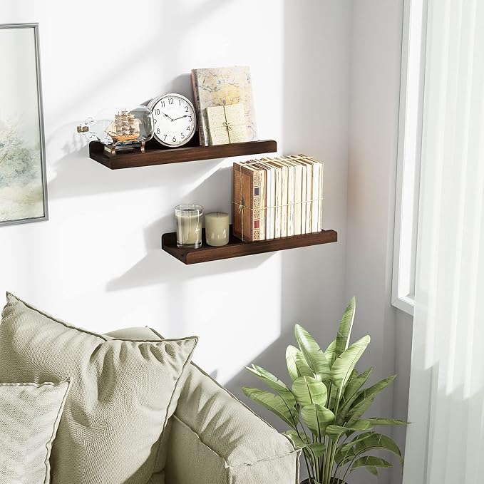 Love-KANKEI Floating Shelves Wall Mounted Set of 2, 17 Inch Rustic Wood Wall Shelves for Storage, Bedroom Living Room Bathroom Kitchen Office and More Dark Walnut