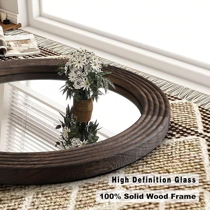 LOSOUR Round Mirror, Farmhouse Decor Solid Wood Frame Wall Circle Mirror, Decorative Mirrors for Bathroom Over Sink, Living Room, Entryway,Bedroom, Entryway, Hallway,Foyer (2, Coffee, 24" L x 24" W)